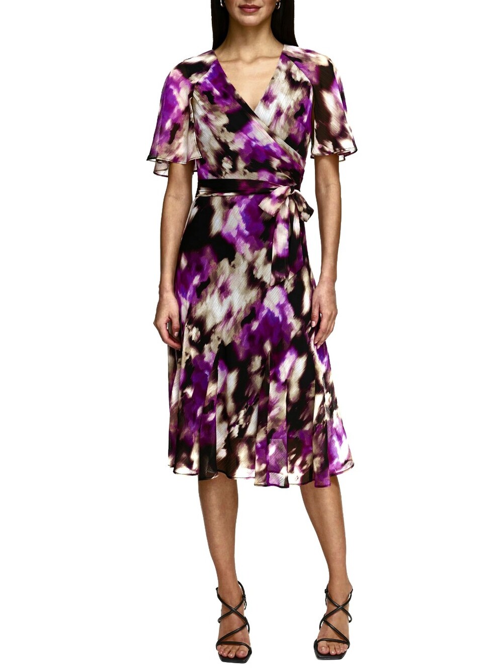DKNY Women's Printed Purple/Pink Abstract Flutter-Sleeve Faux-Wrap Dress,  6